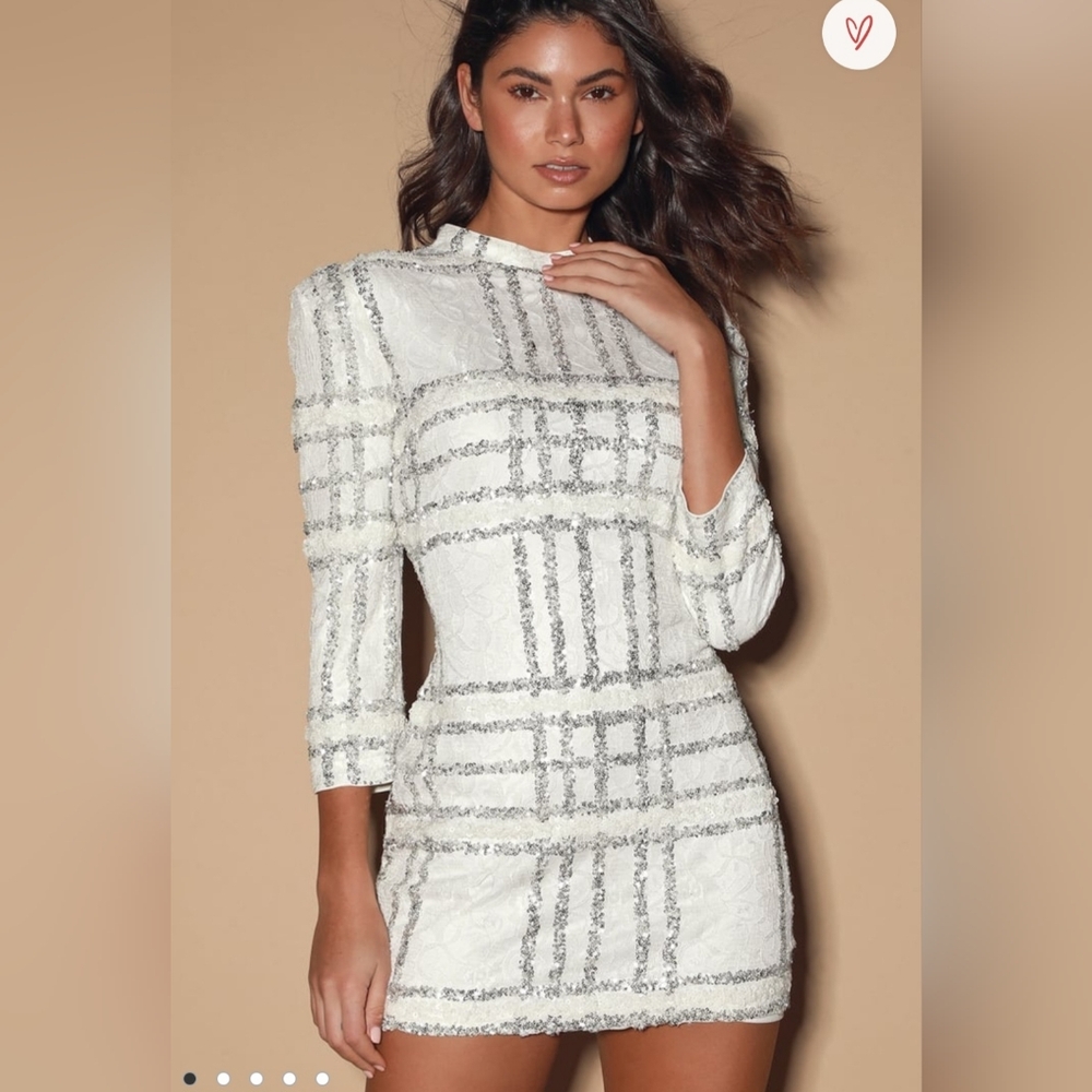 Lulu's Elegant White and Silver Long Sleeve Dress